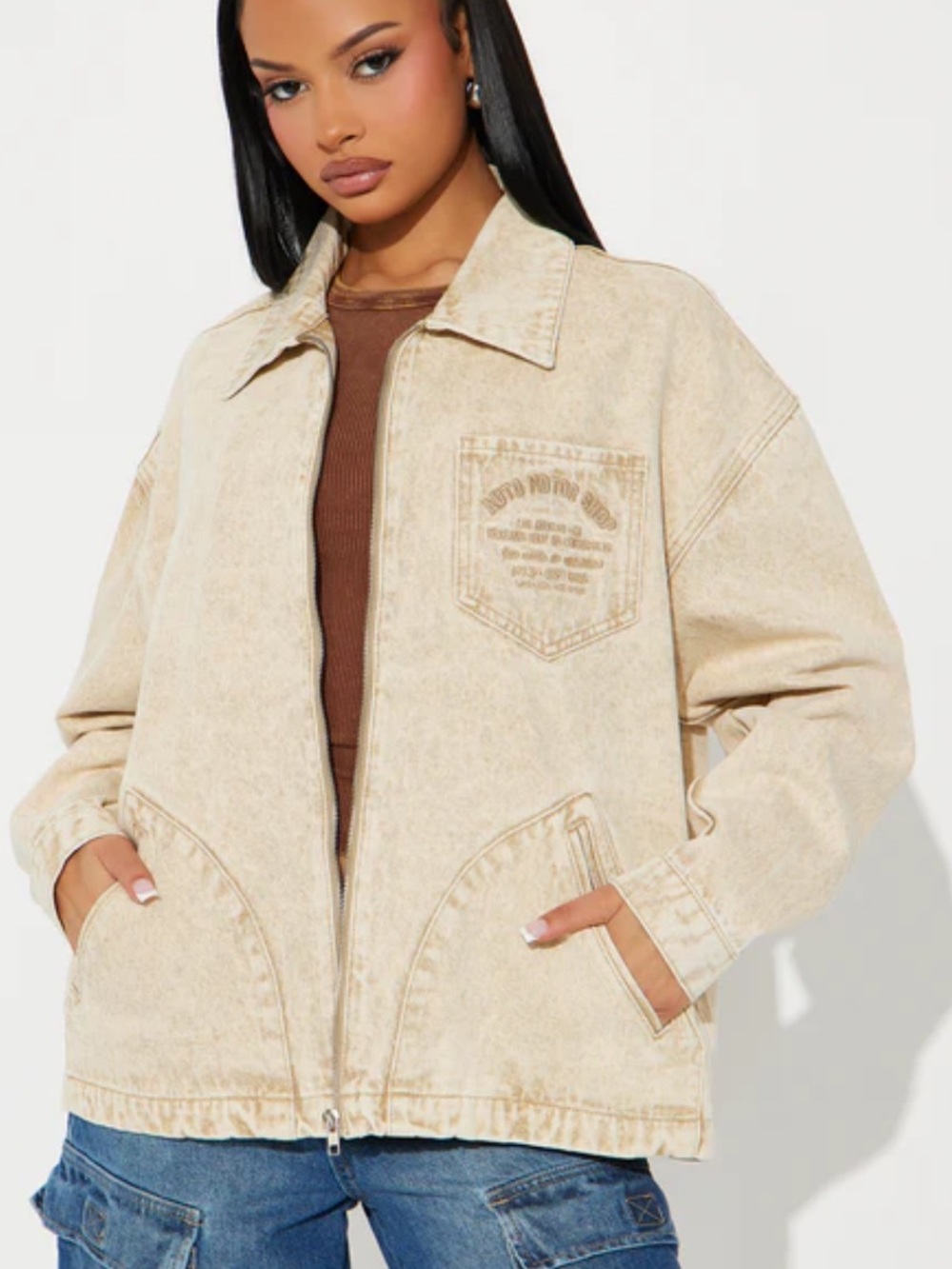 Fashion Nova Beige Acid-Wash Denim Jacket